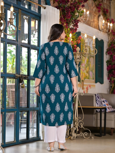 Women Plus Size Teal Green Viscose Rayon Kurta Set With Dupatta